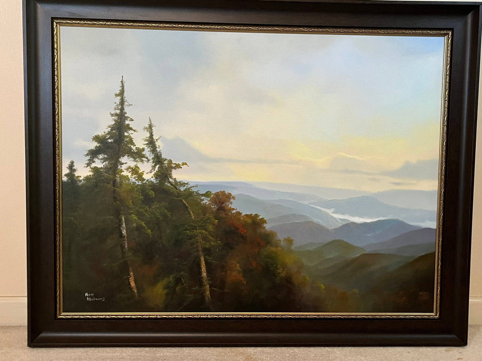 Framed Original Ron Williams Oil on Canvas, Summer Valley Lake with Mountainscape from Hillside: Framed Original Ron Williams Oil on Canvas, Summer Valley Lake with Mountainscape from Hillside, 46" x 36"