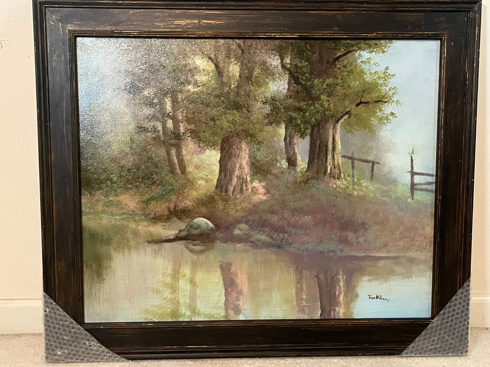 Framed Original Ron Williams Oil on Canvas, Fall Reflections on Wooded Still River with Fence (1 of 2)