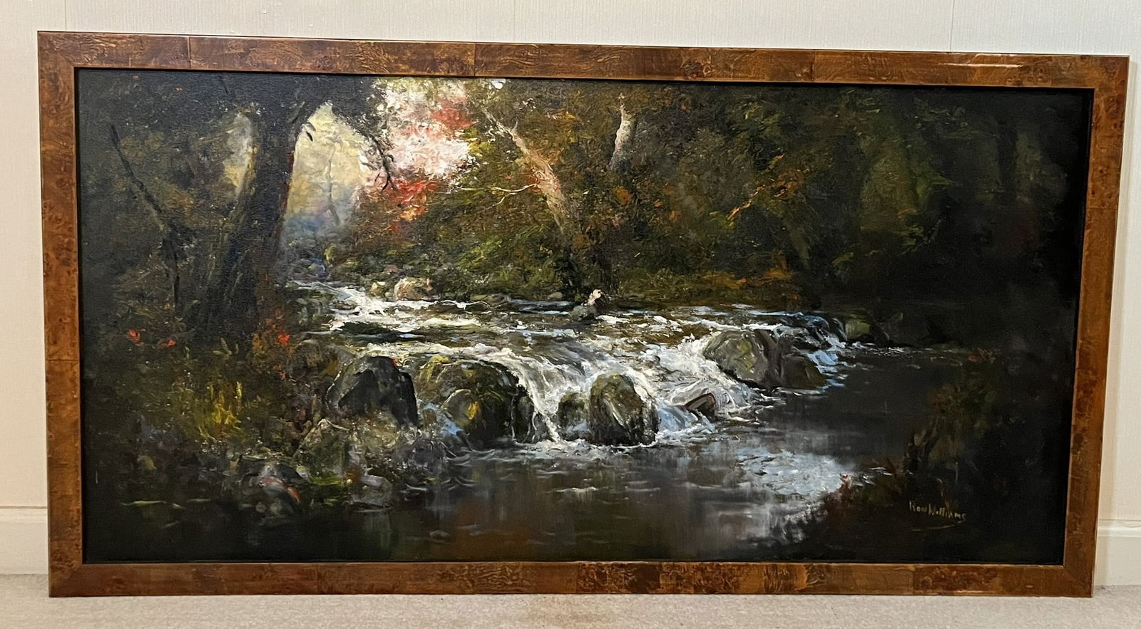 Framed Original Ron Williams Oil on Canvas, Fall Rolling Forested Stream over Rocks (1 of 2)