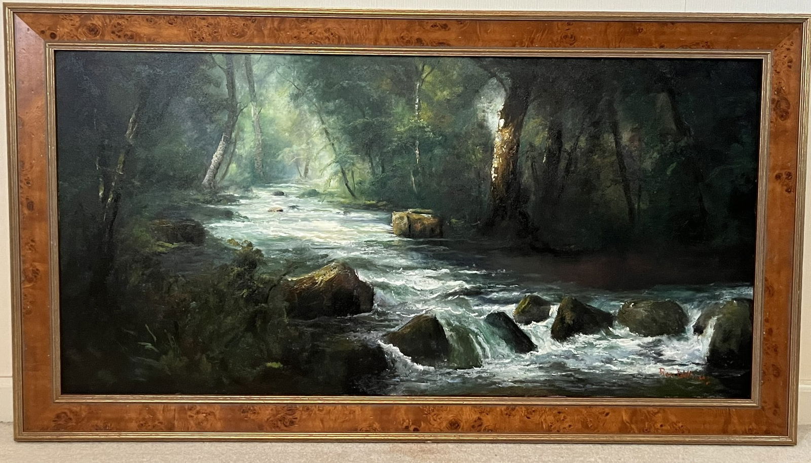 Framed Original Ron Williams Oil on Canvas, Summer Forested Rolling Rocky River (1 of 2)