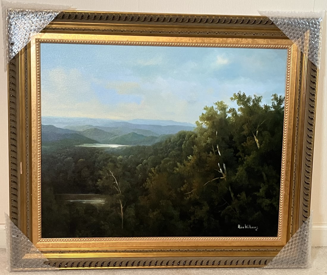 Framed Original Ron Williams Oil on Canvas, Summer Mountainscape from Hilltop with Lake & Pond in: Framed Original Ron Williams Oil on Canvas, Summer Mountainscape from Hilltop with Lake & Pond in Valley, 37" x 31"