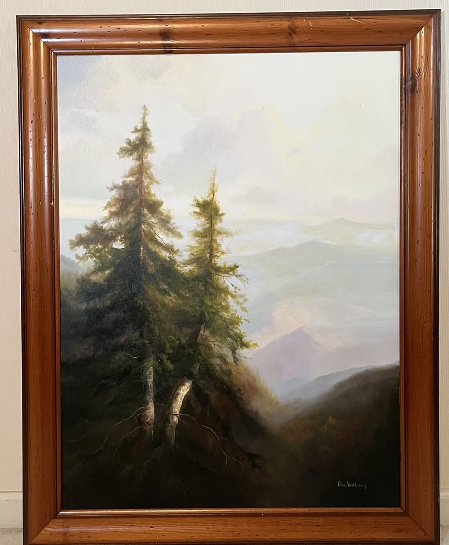 Framed Original Ron Williams Oil on Canvas, Summer Mountainscape from Hillside with Spruce: Framed Original Ron Williams Oil on Canvas, Summer Mountainscape from Hillside with Spruce in Foreground, 37" x 47"