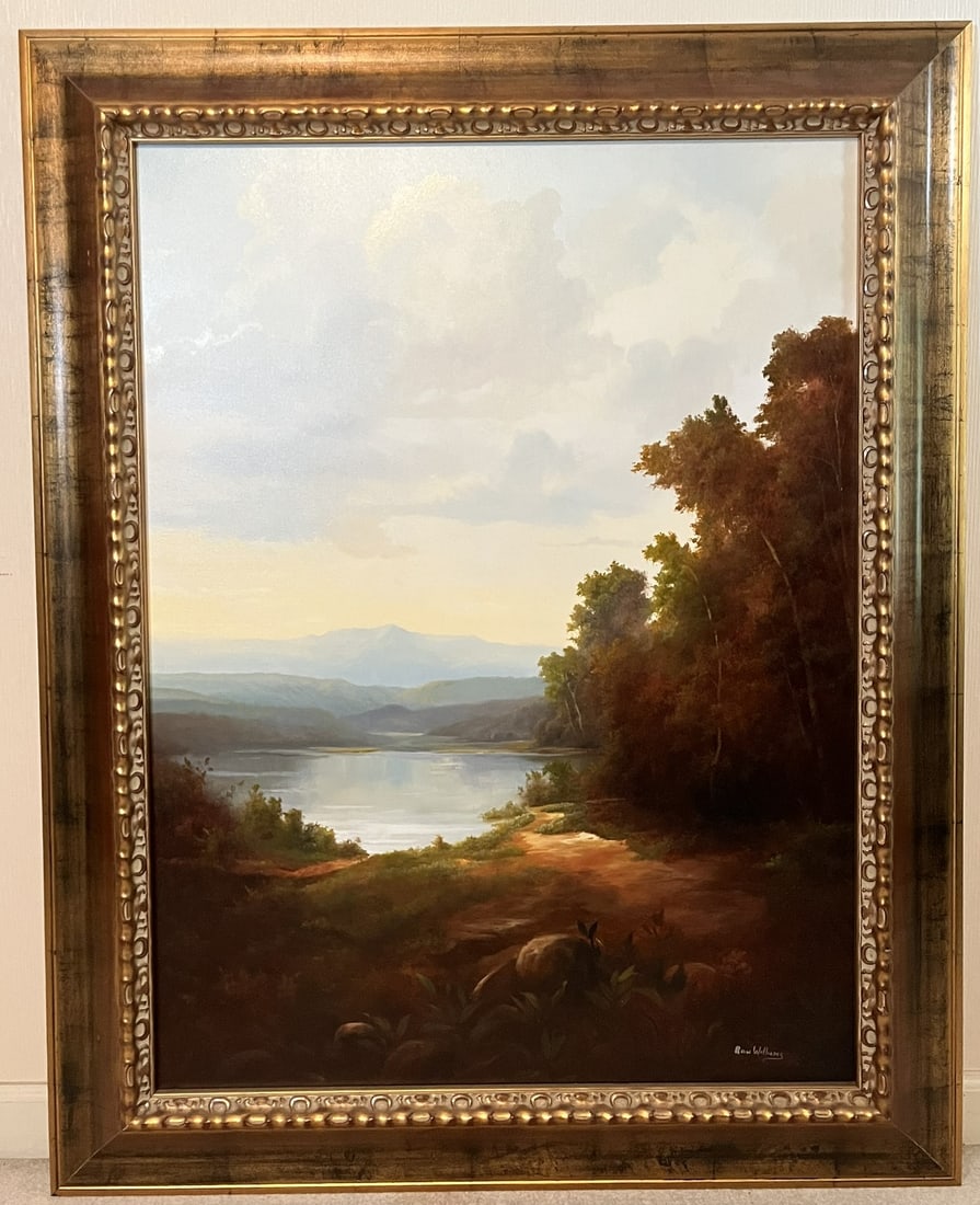 Framed Original Ron Williams Oil on Canvas, Fall Path to Lake with Mountains in Distance (1 of 2)