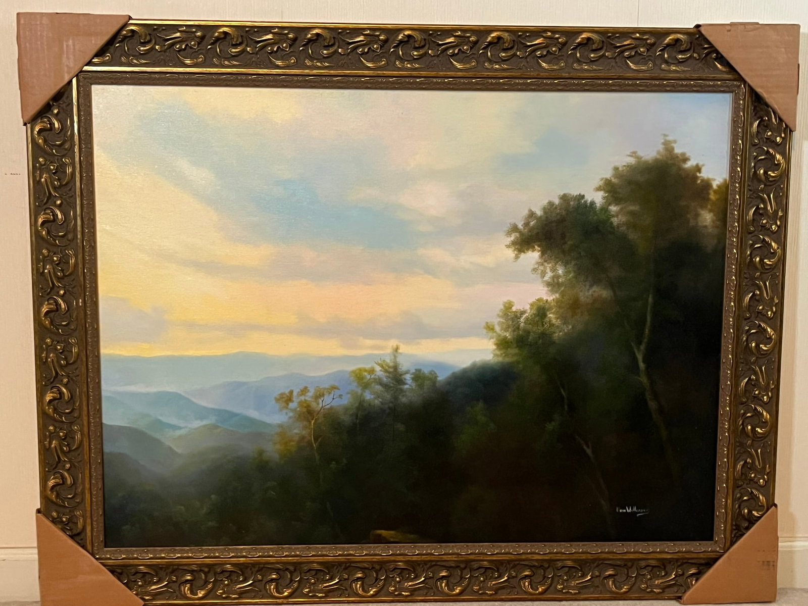 Framed Original Ron Williams Oil on Canvas, Summer Mountainscape from Hillside at Sunrise: Framed Original Ron Williams Oil on Canvas, Summer Mountainscape from Hillside at Sunrise, 48" x 38"