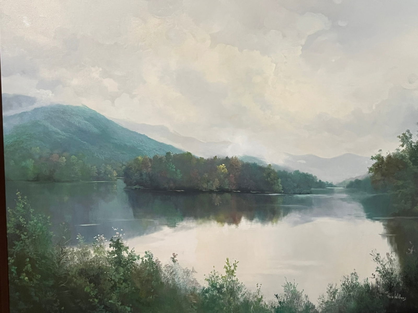 Framed Original Ron Williams Oil on Canvas, Early Fall Reflections on Still Lake with Mountains (1 of 3)