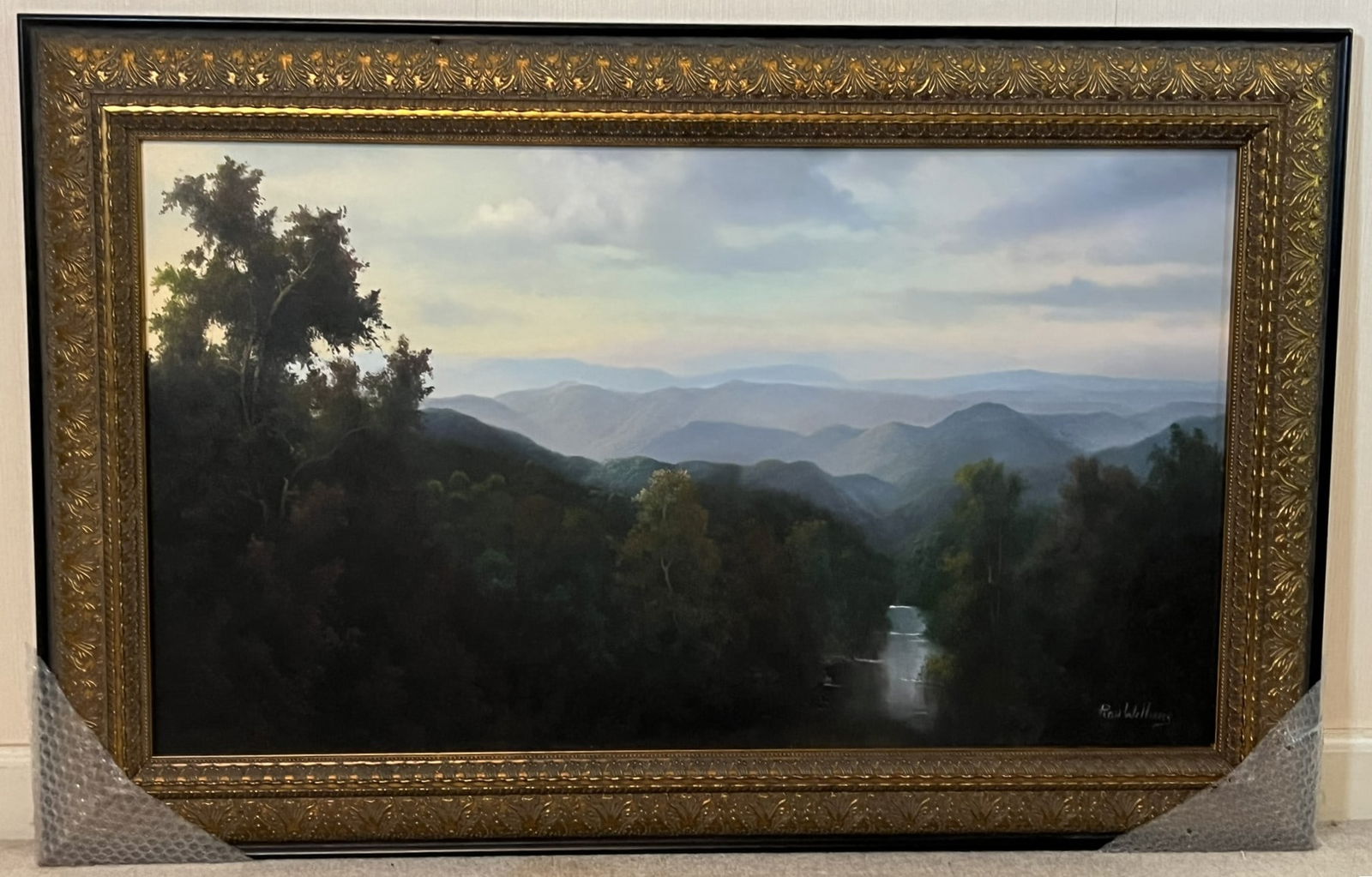 Framed Original Ron Williams Oil on Canvas, Early Fall Still Valley River with Mountainscape (1 of 2)