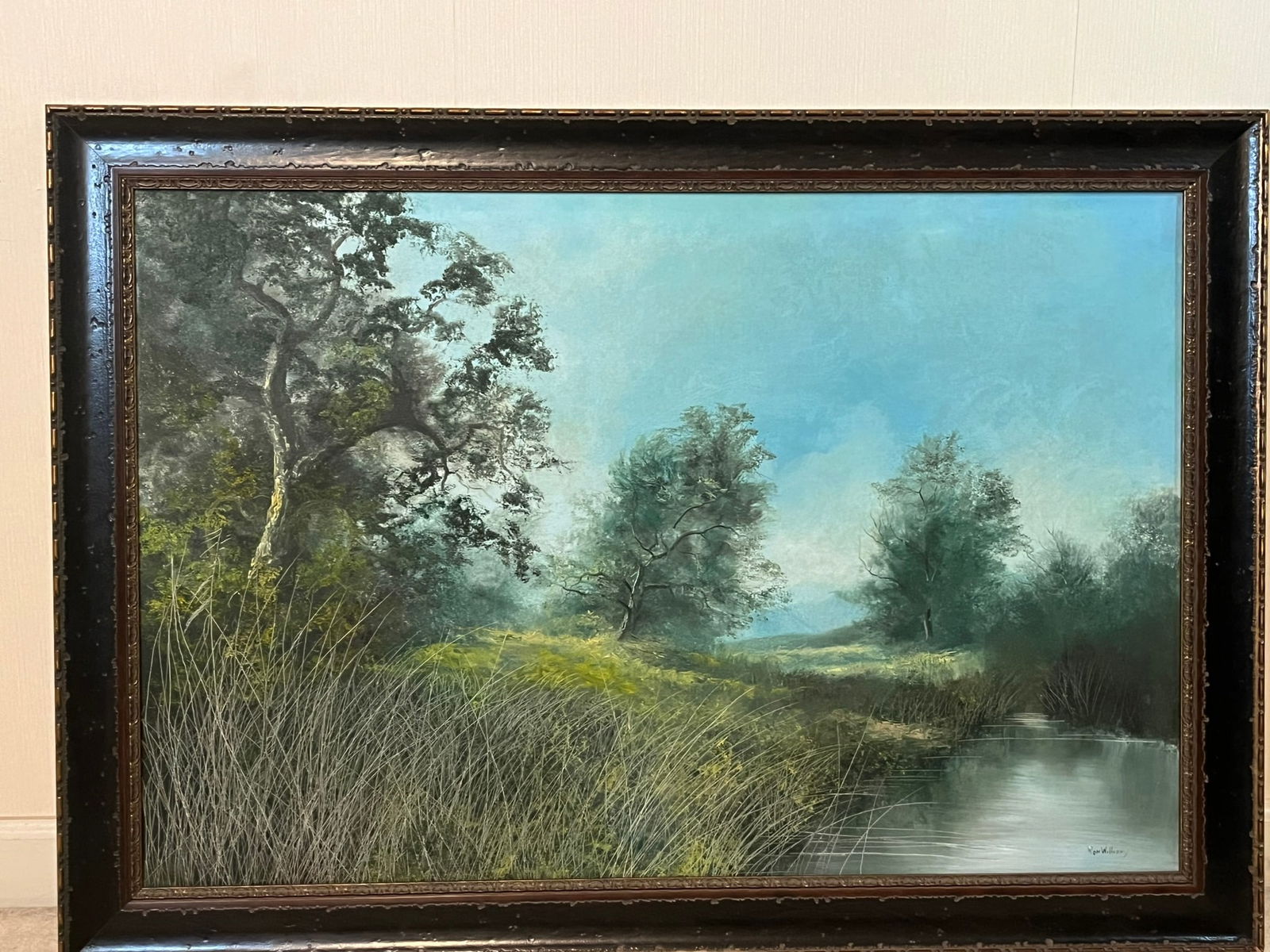 Framed Original Ron Williams Oil on Canvas, Impressionist Style Summer Still Pond in Field with Tall (1 of 2)