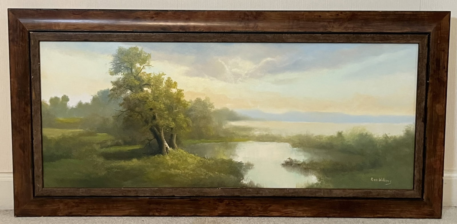 Framed Original Ron Williams Oil on Canvas, Summer Valley Fading to Lake & Mountainscape: Framed Original Ron Williams Oil on Canvas, Summer Valley Fading to Lake & Mountainscape, 37" x 18"