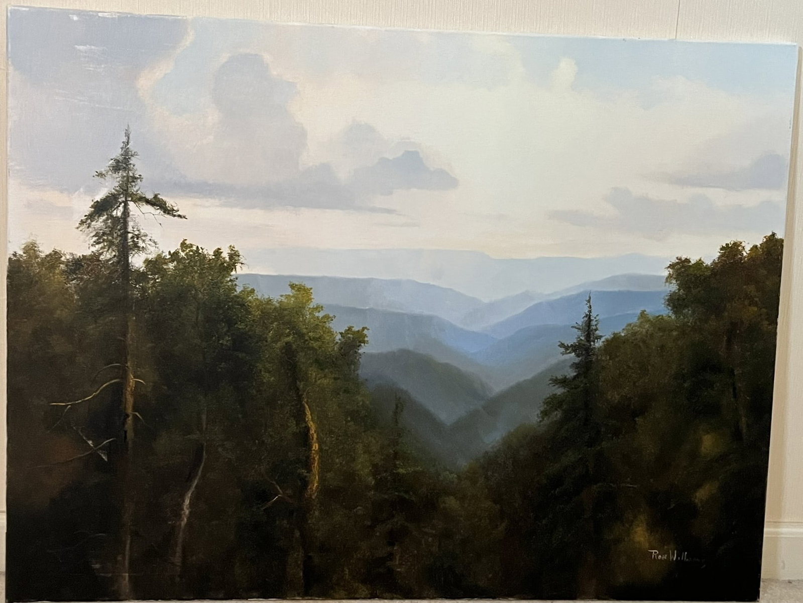 Original Ron Williams Oil on Canvas, Stretched, Summer Valley River Surrounded by Mountains: Original Ron Williams Oil on Canvas, Stretched, Summer Valley River Surrounded by Mountains, 40" x 30"