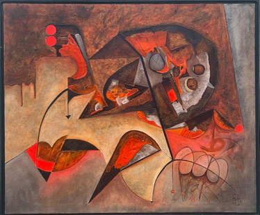 Manuel Felguerez, "Planeta de piel y piedras: Manuel Felguerez (1928-2020) Planeta de piel y piedras, 1991 Oil on canvas 39.5 in x 47 in Born in San Agustin Valparaiso, Zacatecas, Felguerez is one of the most important exponents of abstract art i