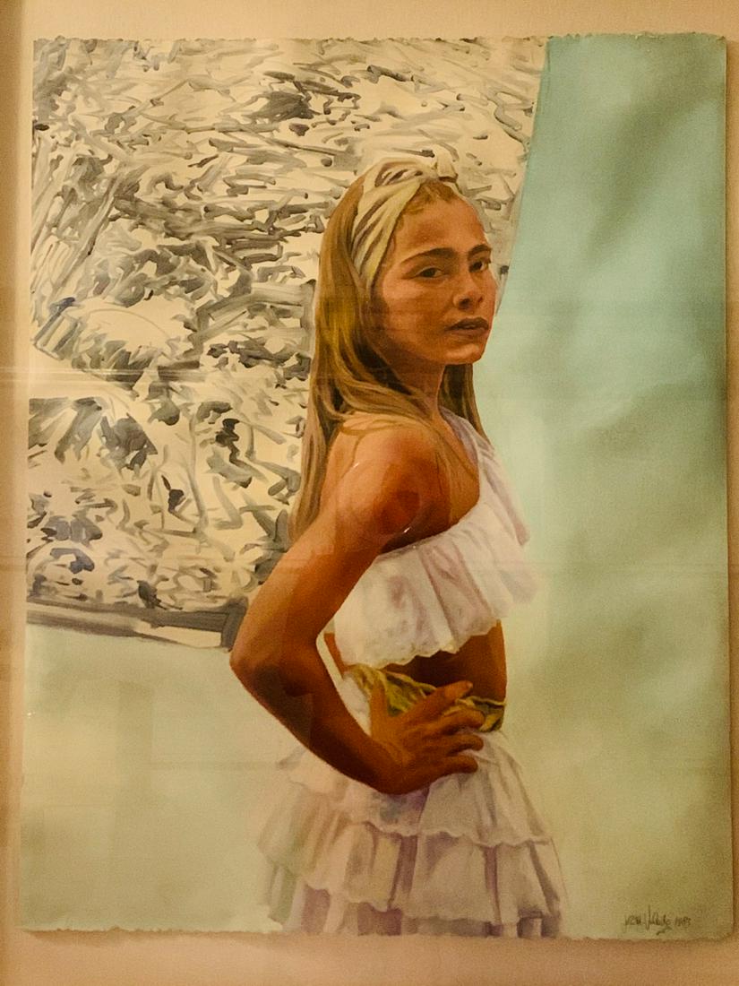 John Valadez, "Chicana": John Valadez (Los Angeles, b. 1951) Chicana Acrylic on paper 38 in x 25 in x 2 in (96.5 cm x 63.5 cm x 5.1 cm) Muralist and pastel artist, grew up in the neighborhood of Boyle Heights, Los Angeles. Wh