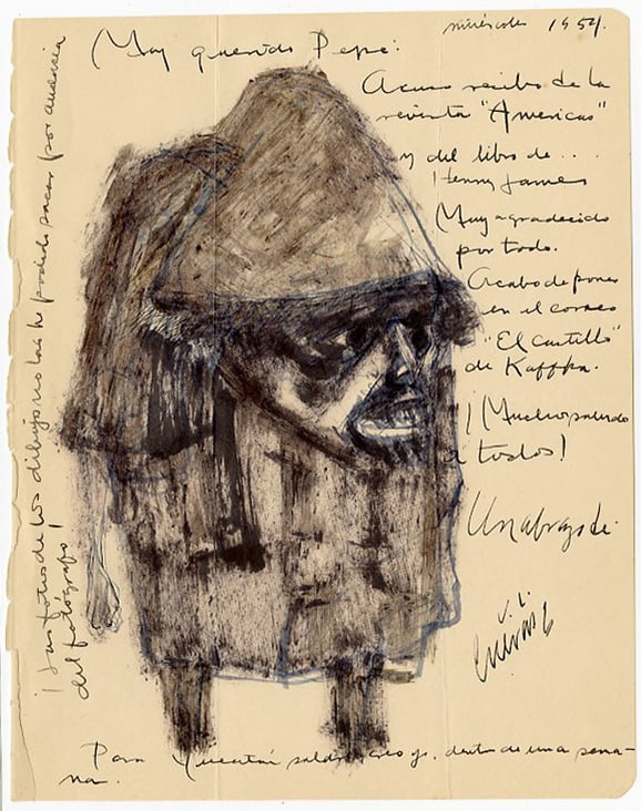 Jose Luis Cuevas (Mexican, 1934-2017). El Castillo de Kafka,1954. Hand Written letter drawing. (1 of 3)