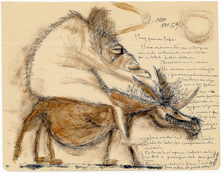 Jose Luis Cuevas (Mexican, 1934-2017) Payment for $ 100. Hand Written letter drawing. (1 of 6)