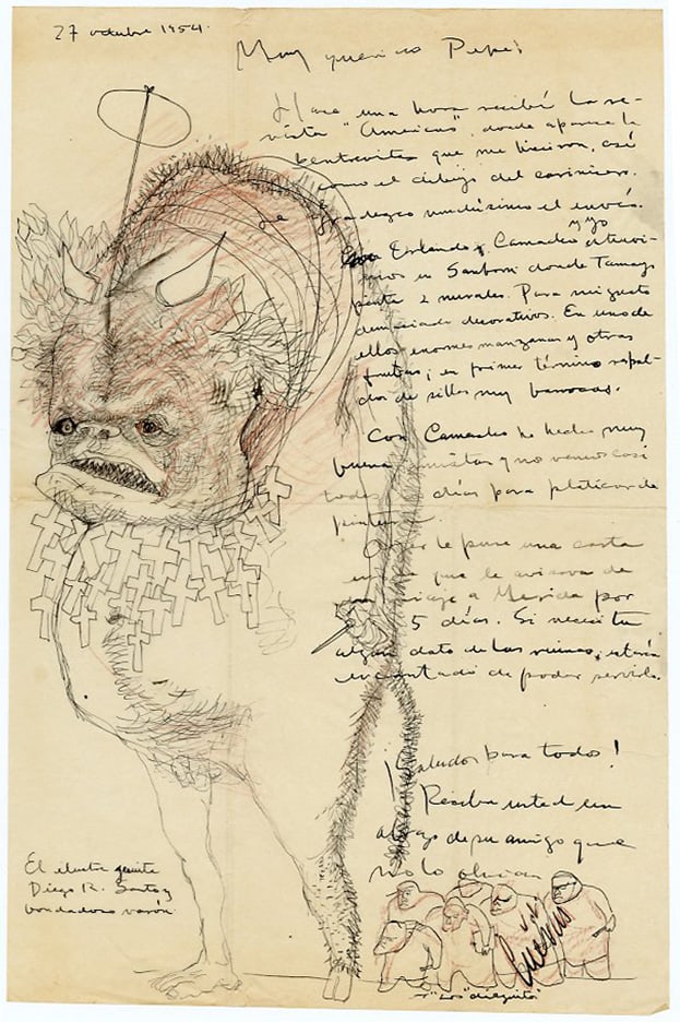 Jose Luis Cuevas (Mexican, 1934-2017)El Ilustre Jesuita, 1954. Personal Letter-Drawing (1 of 2)
