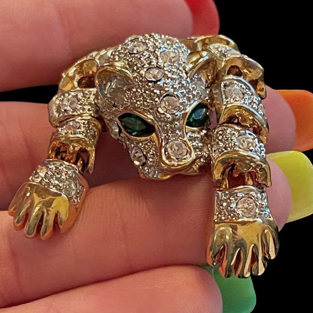 Vintage Rhinestone Panther, Articulating Broach: Vintage - Articulated tiger / panther over the shoulder shoulder brooch-pin. Unsigned but attributed to Panetta. 7 1/2 inches long; Width (maximum) is 1 1/4". It has two pins on the underside (see pic