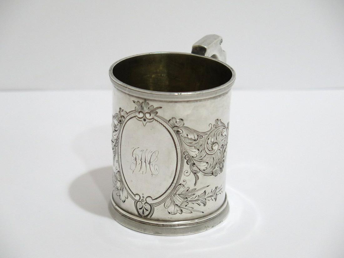 3 3/8 in - Coin Silver W & H Antique Floral Scroll Baby Cup: Height: 3 3/8 in; Width: 4 in; Diameter: 2 5/8 in