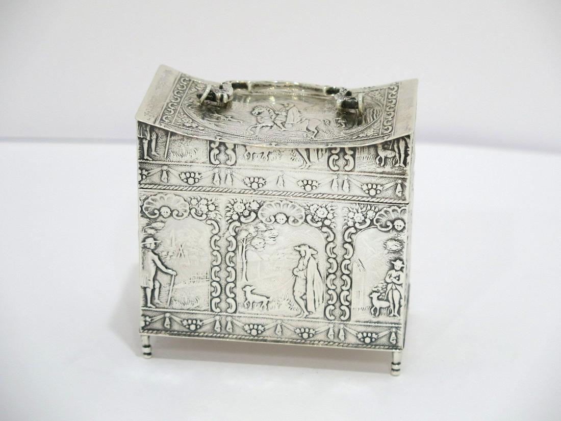 3 5/8 in - 930 Silver Antique Dutch Man w/ Dog Scenes Tea Caddy w/ Handle (1 of 7)