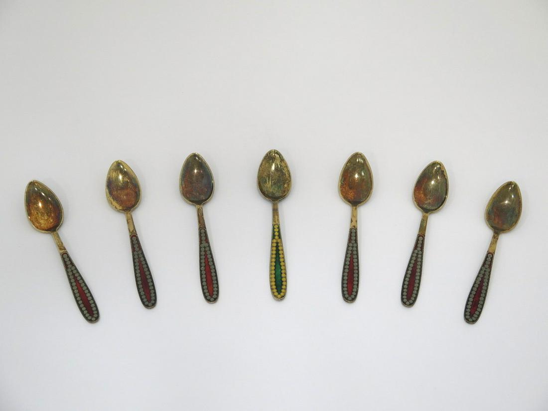 7 piece - 4 5/8" 916 Silver Red Green Enamel Vintage Russian Demitasse Spoon Set (1 of 8)