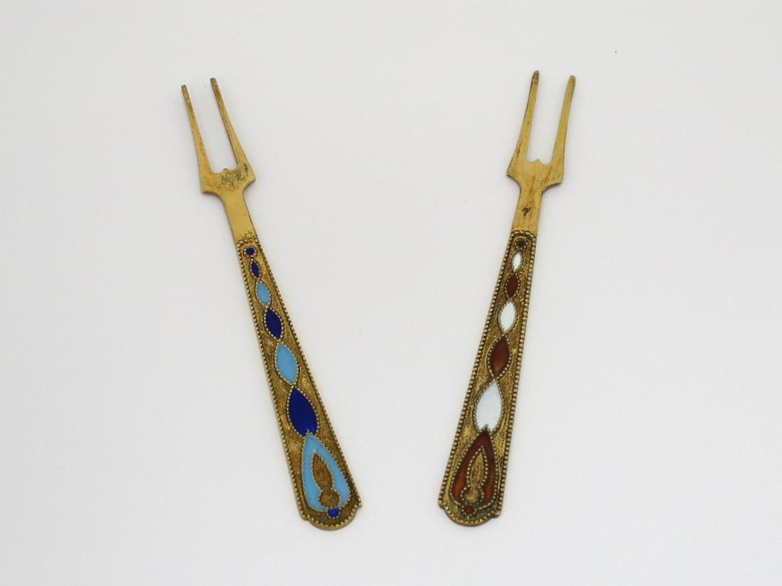 Pair of 3 5/8 in - Sterling Silver Enamel Vintage Russian Olive Forks (1 of 6)