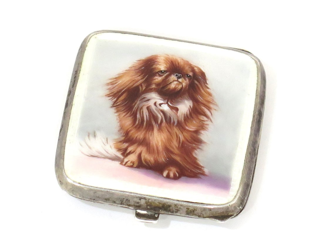 1.75 in - Sterling Silver Enamel Antique American Pekingese Dog Compact (1 of 5)