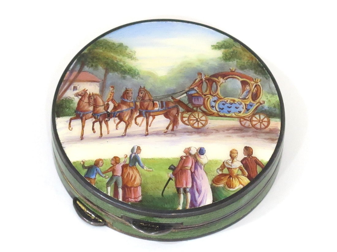 2 in - 935 Silver Enamel Antique Austrian Guilloche Royal Coach Scene Compact (1 of 9)