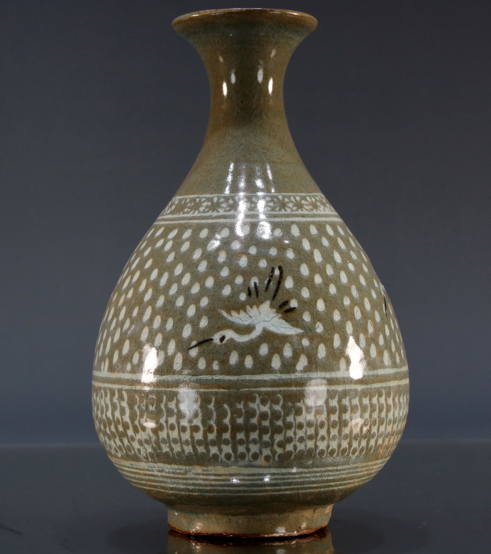A Exquisite Korean Celadon-Glazed Floral 'Crane' Bottle (1 of 6)