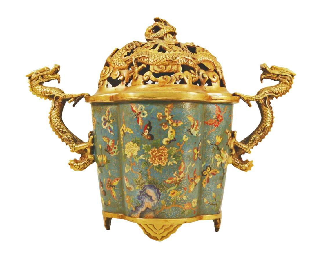 A Cloisonne 'Flower& Butterfly' Dragon-Handled Tripod Censer And Cover (1 of 9)