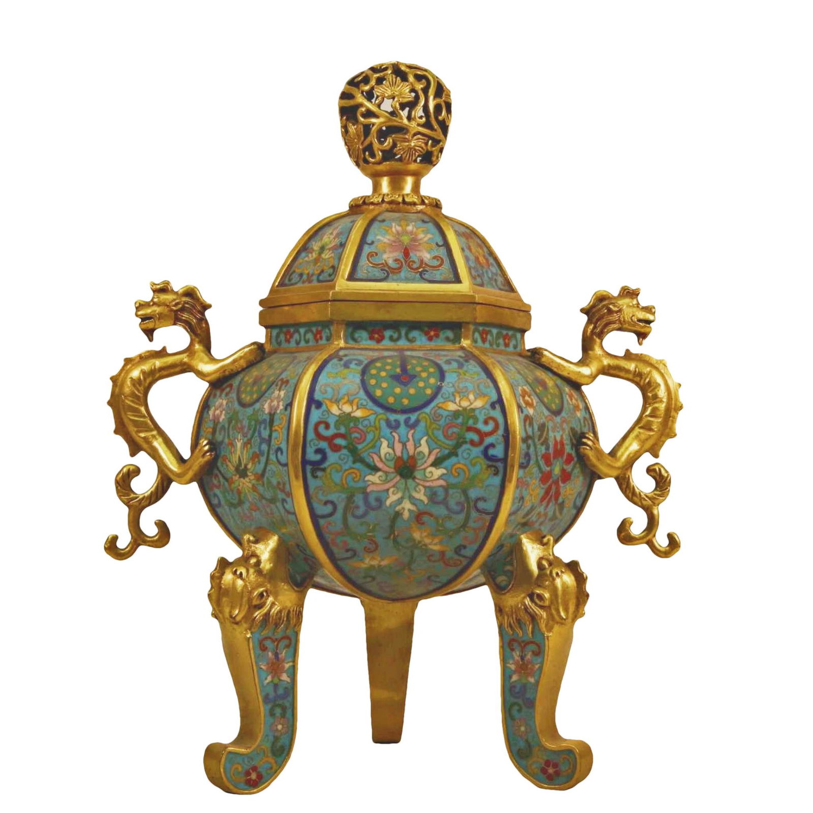 A Cloisonne 'Scrolling Lotus' Dragon-Handled Tripod Vase (1 of 10)