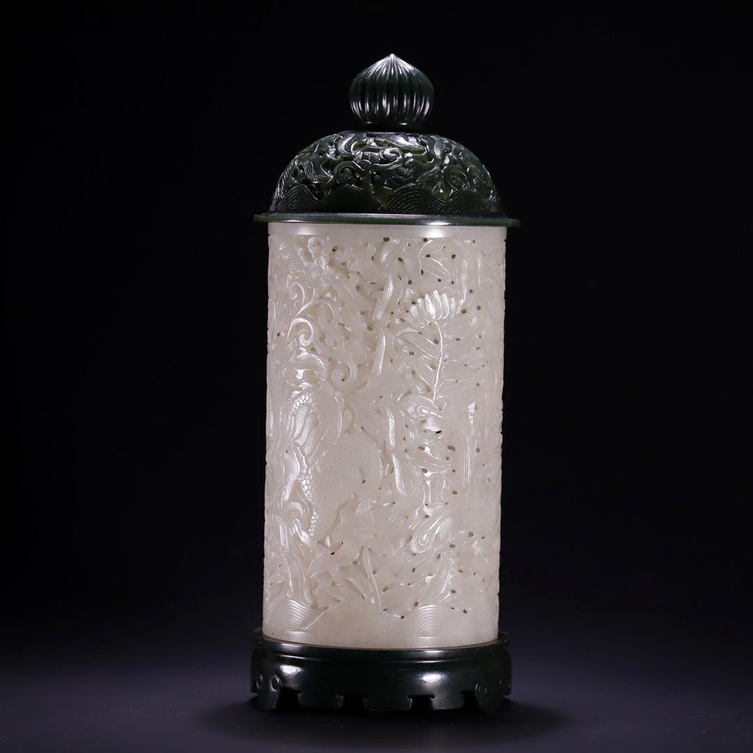 A Cylindrical Hetian Jade 'Dragon& Phoenix' Incense Holder (1 of 9)