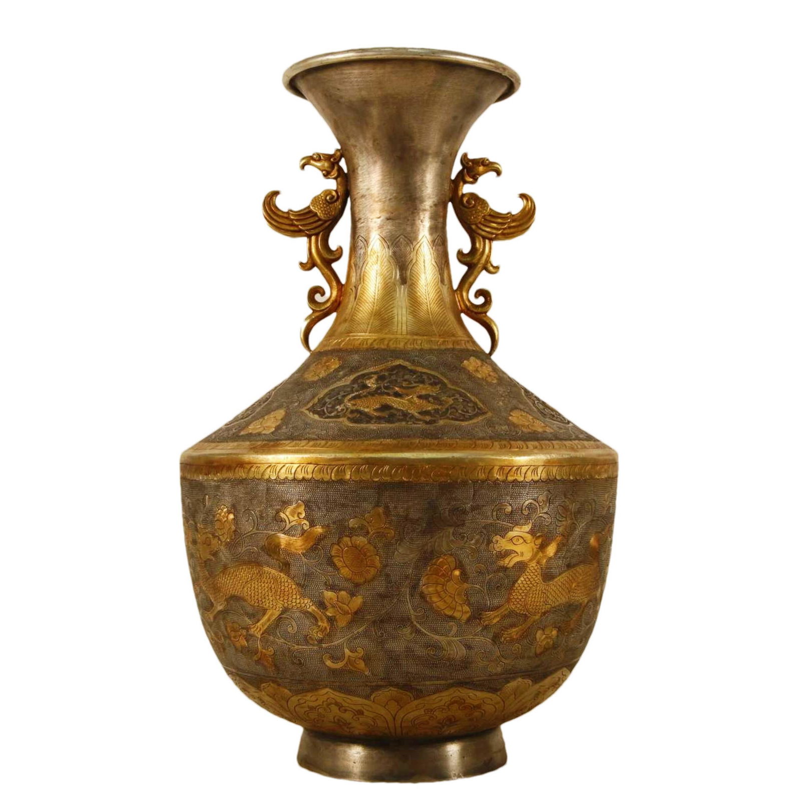 A Gilt-Bronze Silver 'Flower& Beast' Phoenix-Handled Vase (1 of 11)
