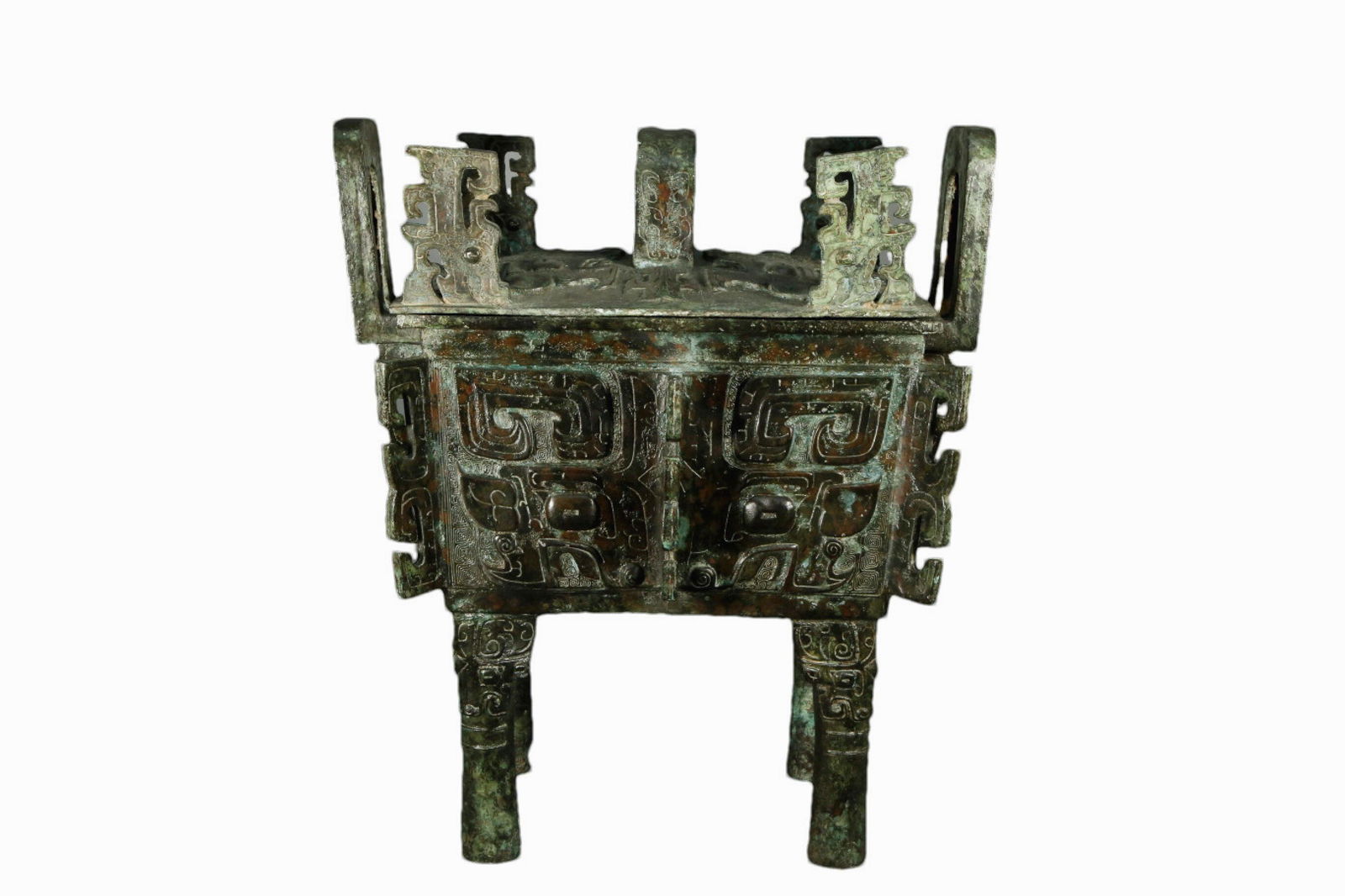 A Ancient Bronze 'Animal Mask' Quadripod Ritual Food Vessel, Ding, With Inscriptions (1 of 17)