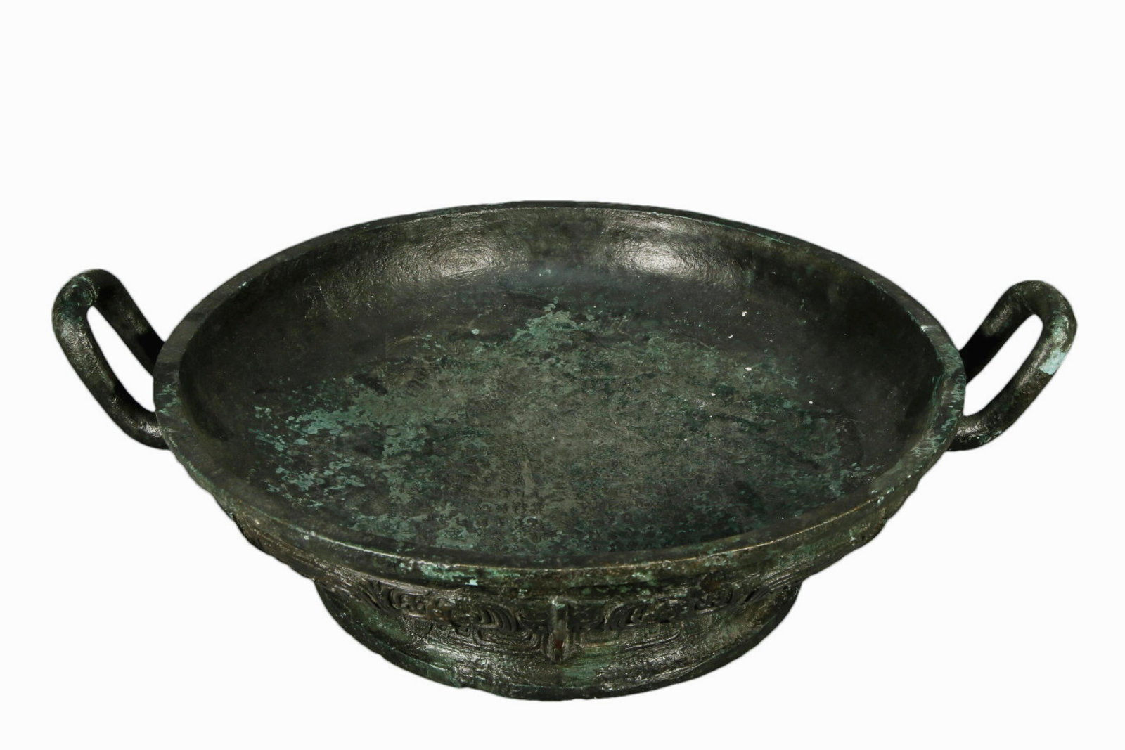 A Ancient Bronze 'Phoenix' Dish With Inscriptions: A Ancient Bronze 'Phoenix' Dish With Inscriptions. Cast with two loop handles, and with mottled pale grey-green and pale milky-green patina. Size: 60cmx48cmx18cm