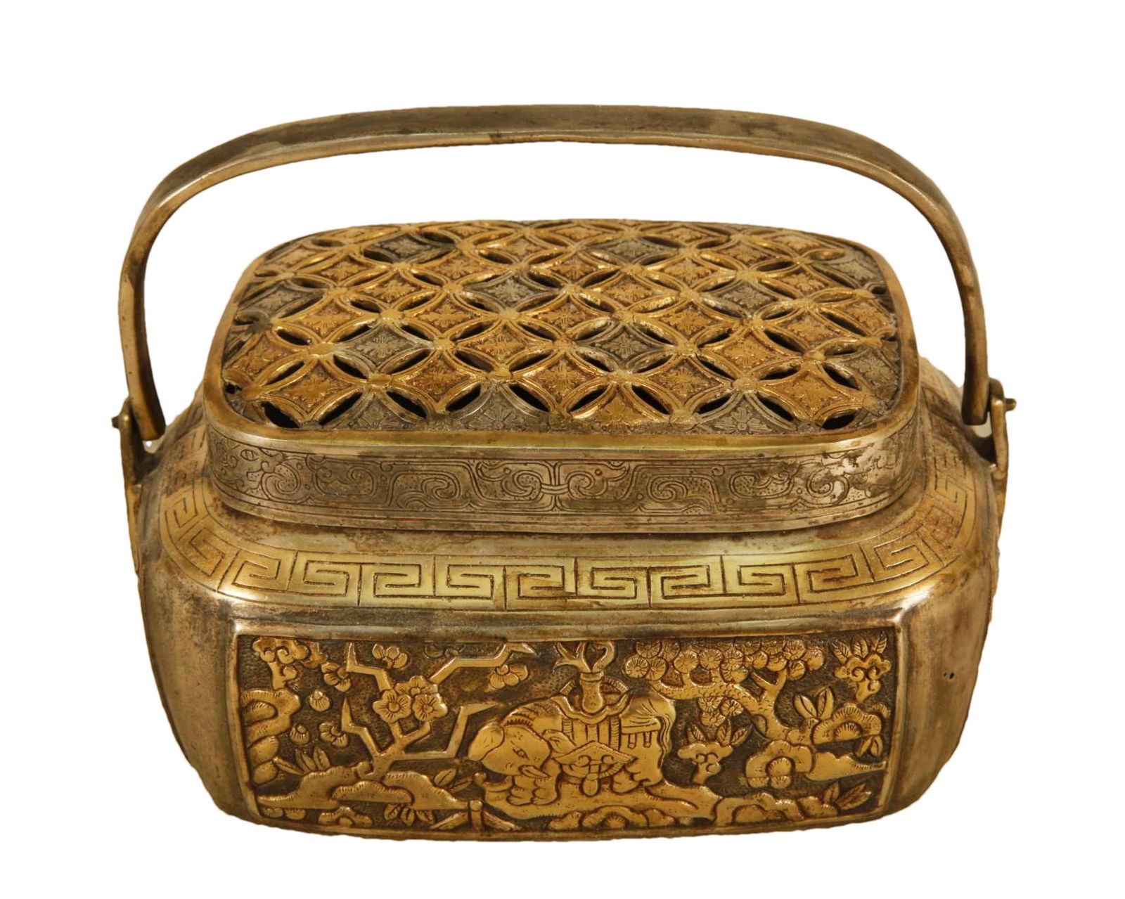 A Gilt-Bronze Silver 'Figure& Landscape' Censer With Overhead Handle (1 of 9)