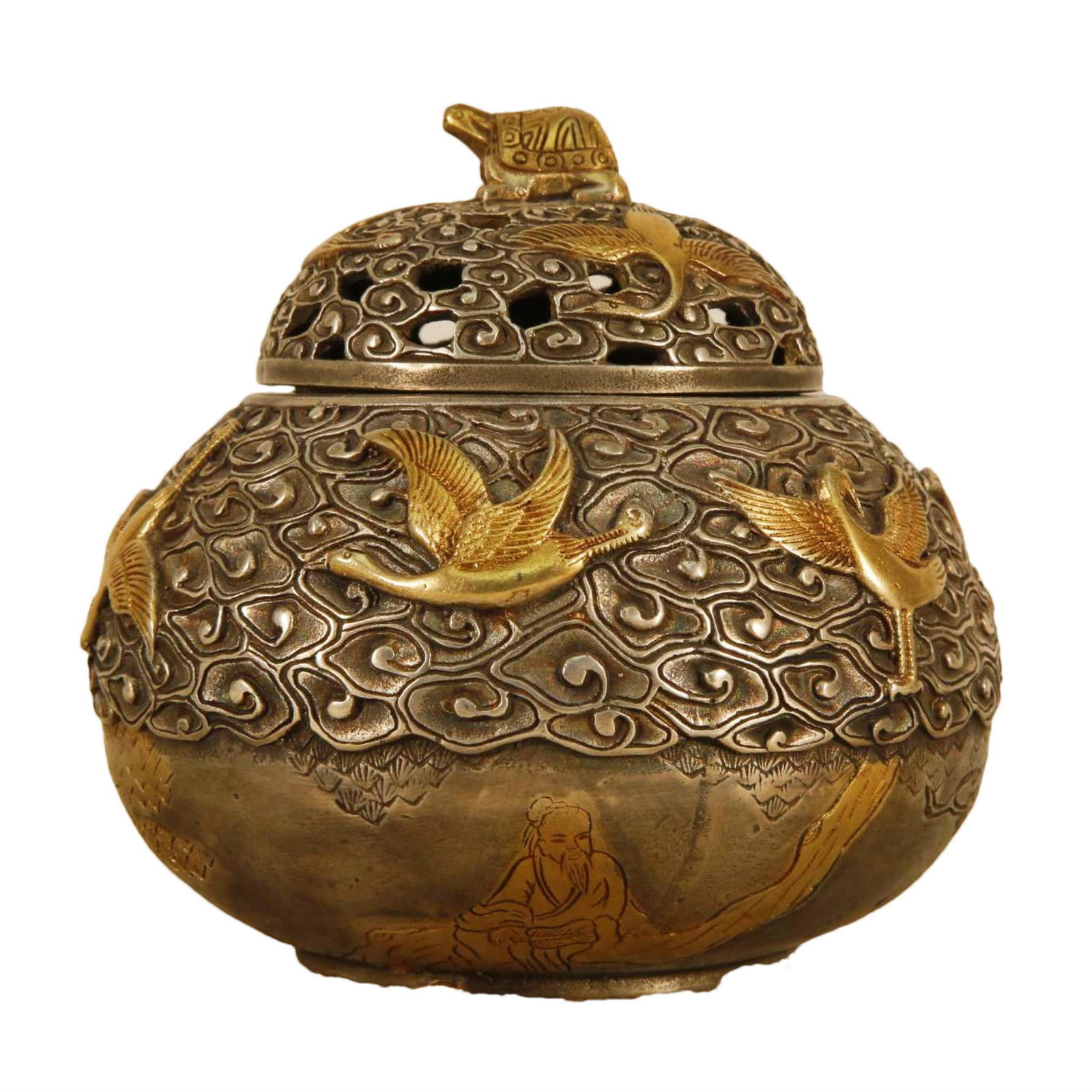 A Gilt-Bronze Silver 'Figure& Crane' Jar (1 of 7)