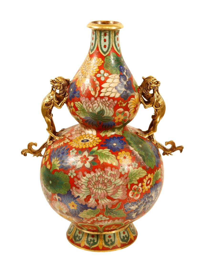 A Cloisonne Dragon-Handled 'Flower' Gourd-Shaped Vase (1 of 7)