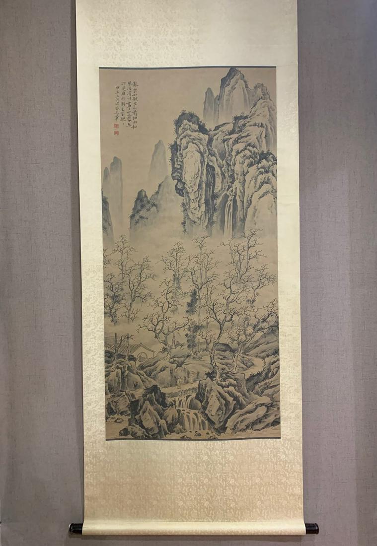 A Chinese Ink Painting Hanging Scroll By Wang Hui: A Chinese Ink Painting Hanging Scroll By Wang Hui: Landscape Ink and Color on Paper. Size:135cmx64cm