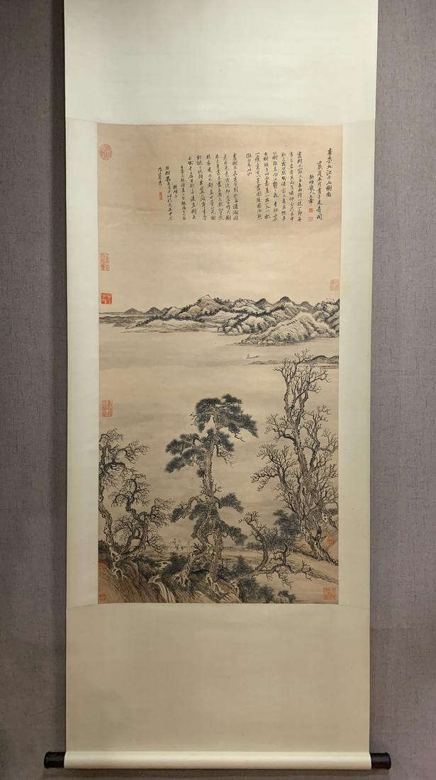 A Chinese Ink Painting Hanging Scroll By Wang Hui: A Chinese Ink Painting Hanging Scroll By Wang Hui: Seven Trees Ink and Color on Paper. Size: 133cmx67cm