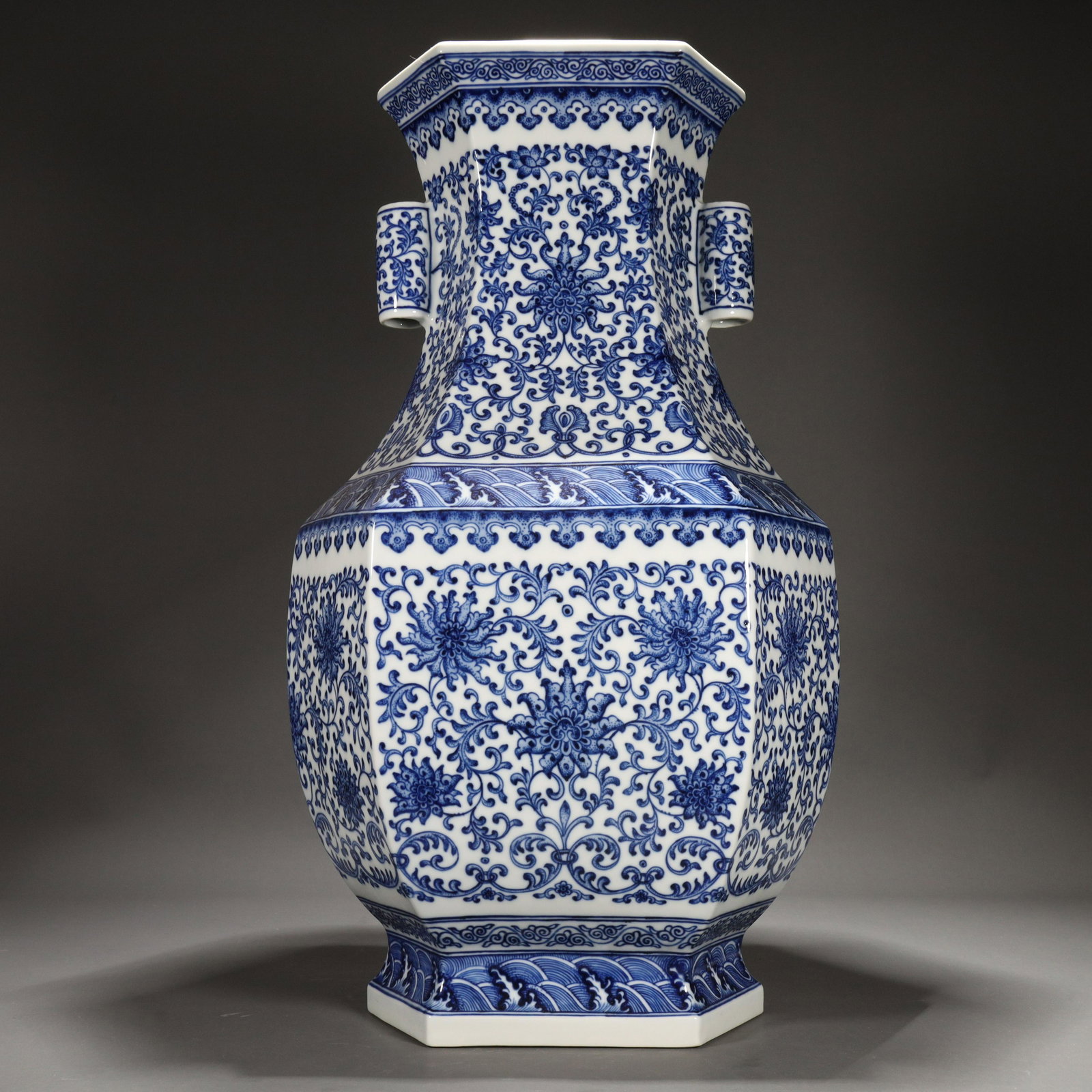 A Hexagonal Blue And White 'Scrolling Flower' Zun (1 of 9)