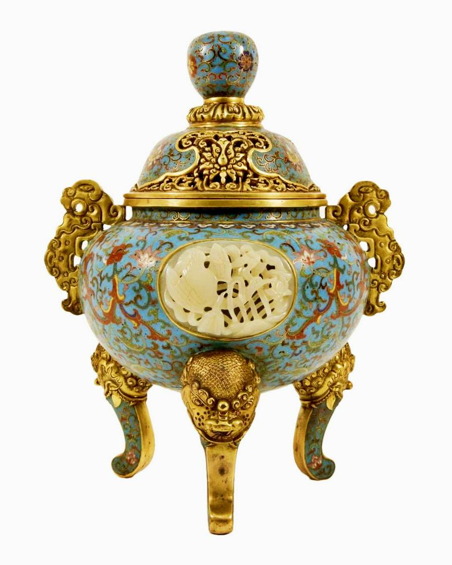 A Cloisonne White Jade-Inlaid 'Scrolling Lotus' Phoenix-Handled Tripod Censer (1 of 19)