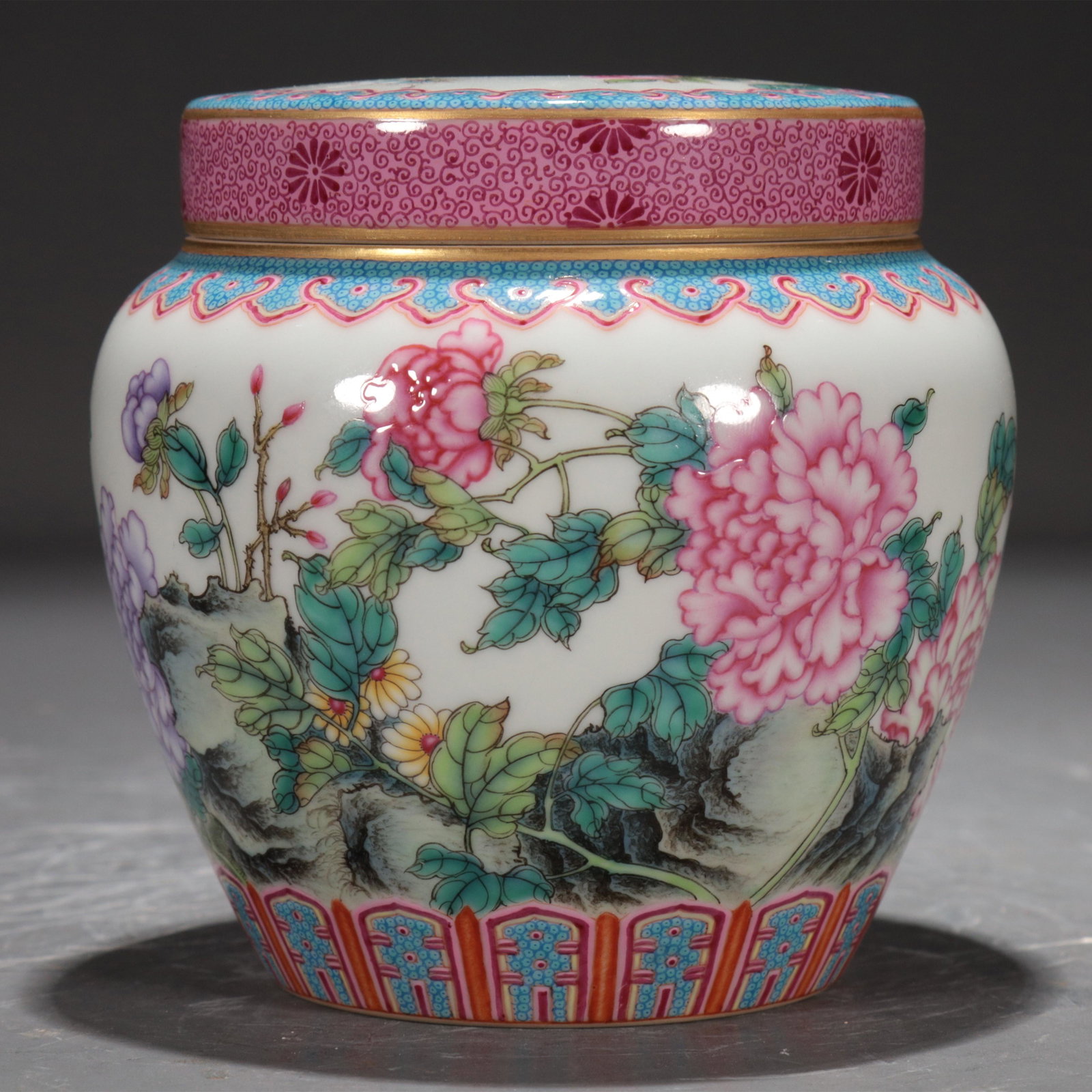 A Famille-Rose 'Scrolling Flower& Poem' Jar And Cover (1 of 8)