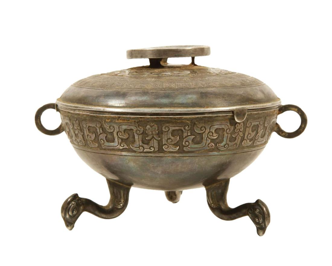 A Silver 'Dragon' Phoenix-Feet Bowl And Cover With A Spoon (1 of 6)