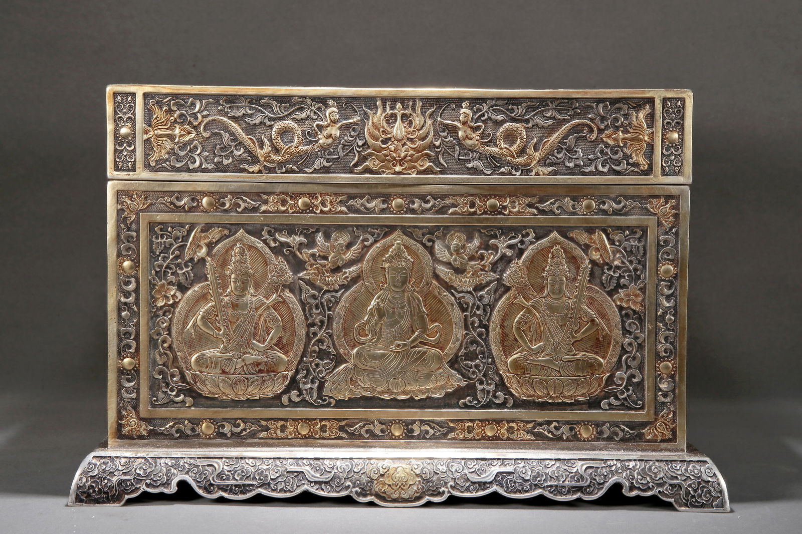 An Exquisite Gilt-Bronze Silver Buddhist Scripture Box With Five Scriptures (1 of 7)