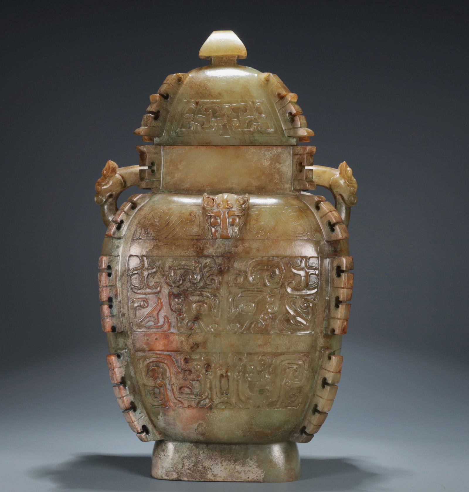 A Marvelous White Jade 'Animal Mask' Beast-Handled Vase And Cover With Inscriptions (1 of 11)