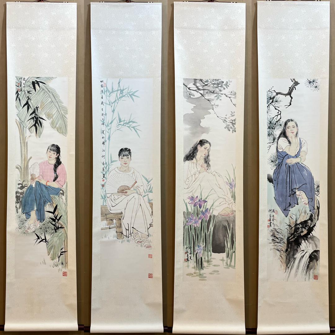 Four Chinese Ink Painting Hanging Scrolls By He Jiaying (1 of 20)