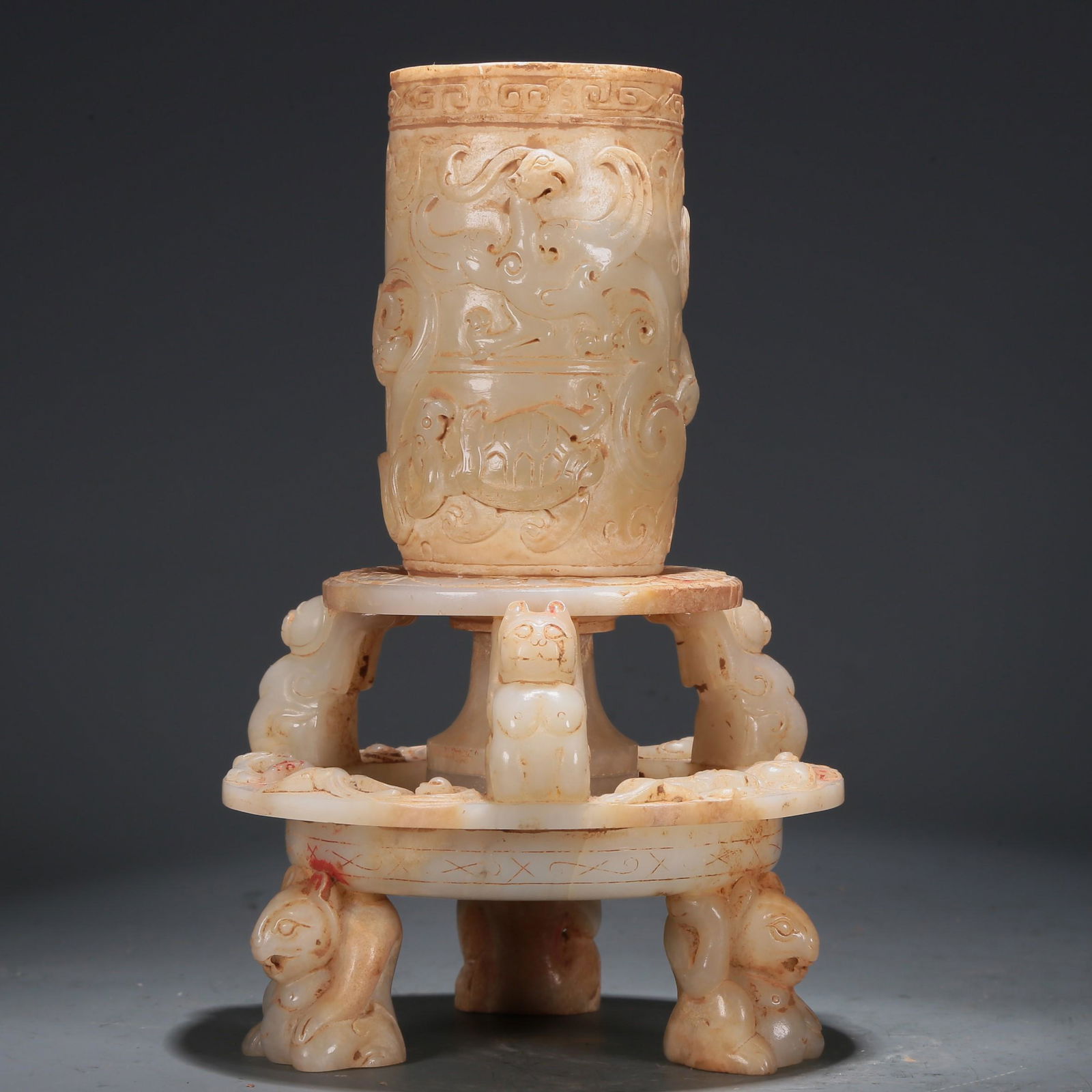 An Archaic White Jade 'Beast' Cup With A Stand (1 of 12)