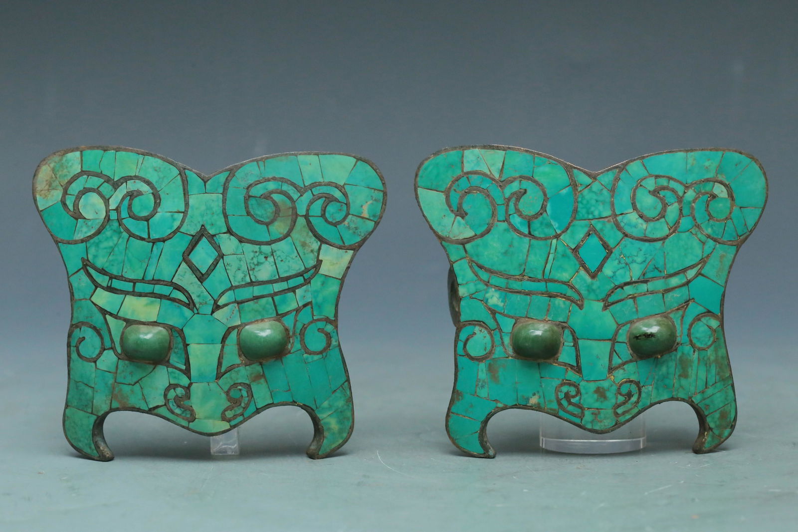A Pair Of Marvelous Bronze Gold& Silver-Inlaid Taotie-Form Decorations (1 of 6)