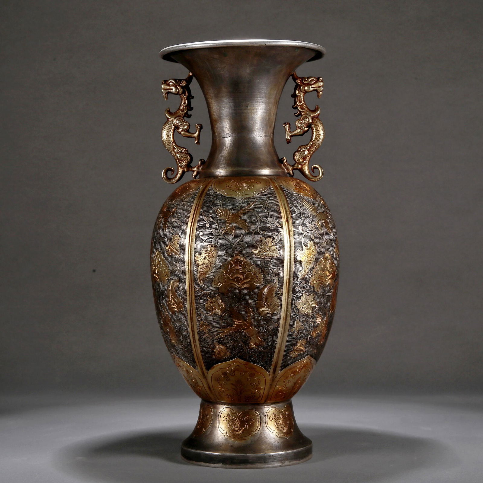 A Gilt-Bronze Silver 'Flower' Dragon-Handled Vase (1 of 7)
