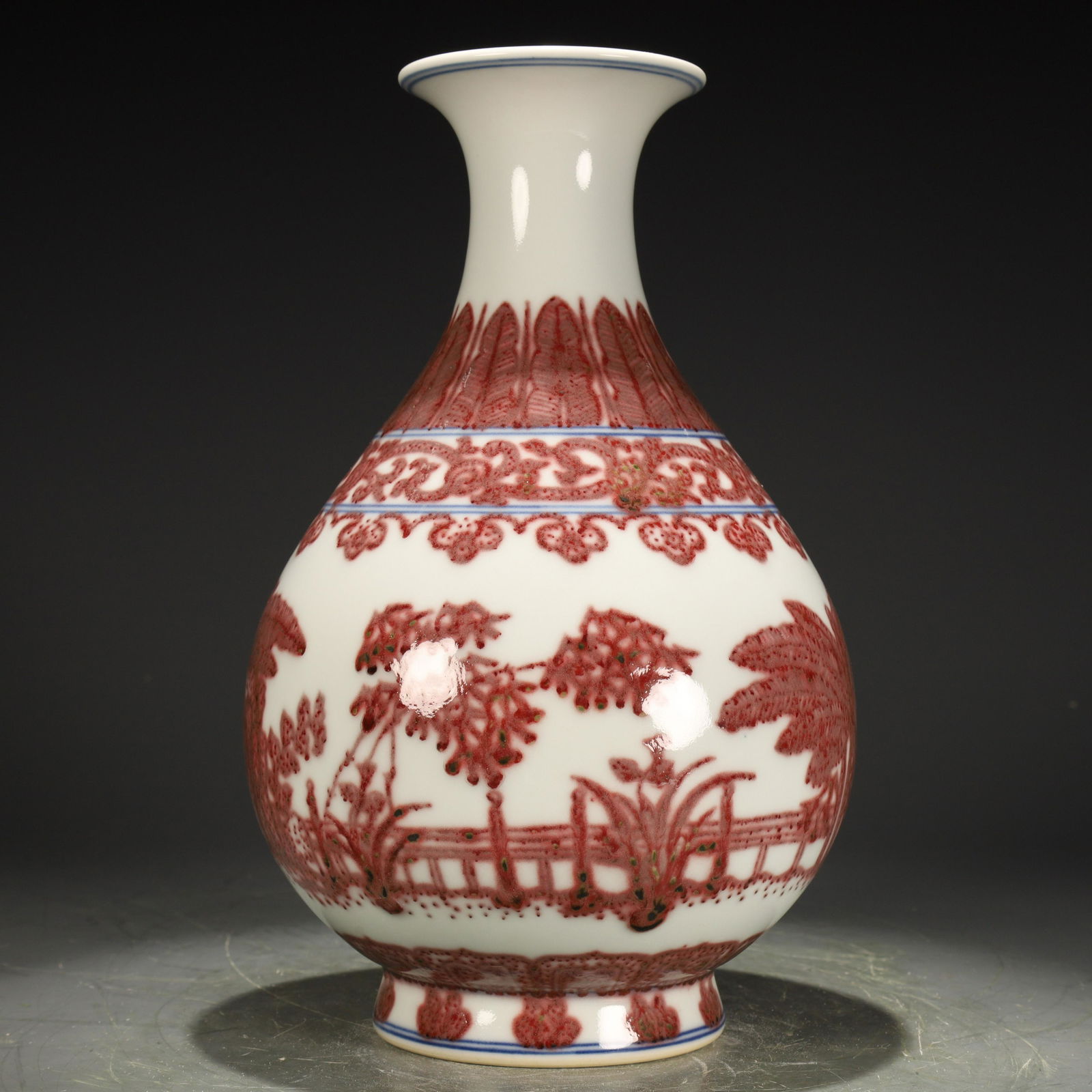 A Superb Blue And White Copper-Red 'Banana Leaf& Bamboo' Yuhuchun Vase (1 of 8)