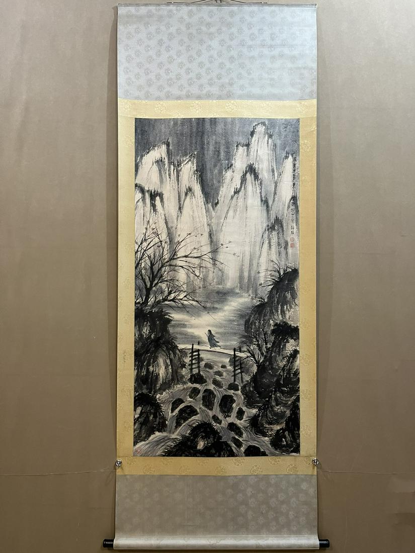 A Chinese Ink Painting Hanging Scroll By Fu Baoshi: A Chinese Ink Painting Hanging Scroll By Fu Baoshi: Landscape Ink and Color on Paper. Size:67cmx136cm