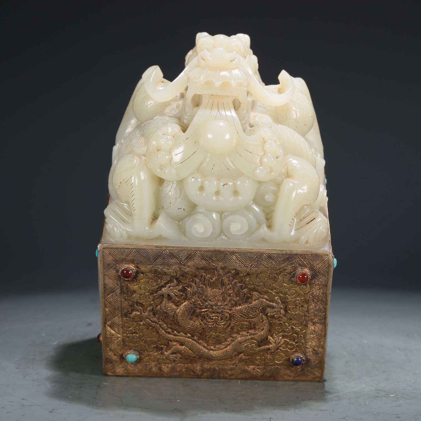 A Fabulous White Jade Gilt Silver-Mounted 'Dragon' Seal (1 of 6)